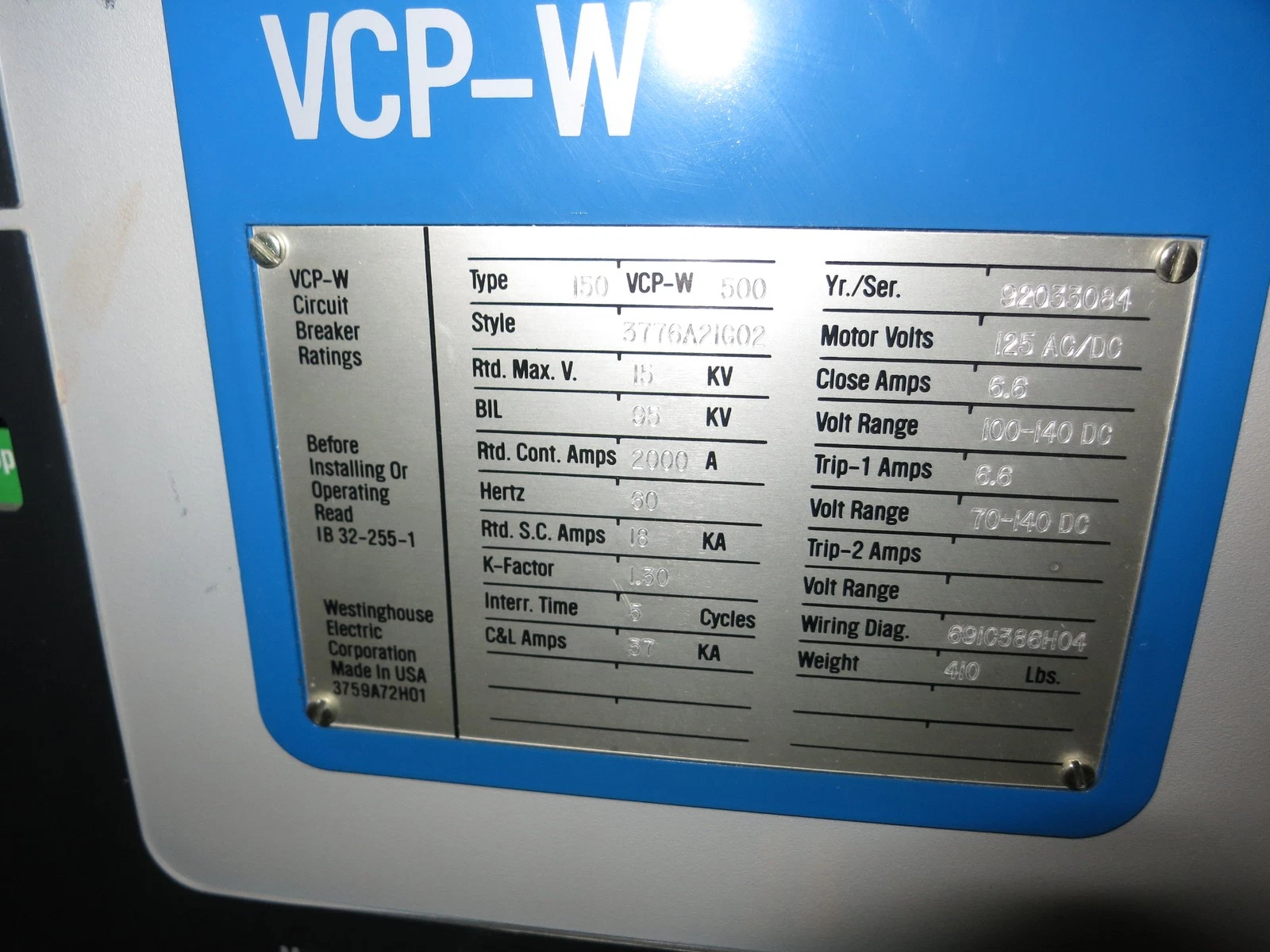 Westinghouse 150VCP-W500 | Vacuum Circuit Breaker | Power System Protection Equipment Spare Parts jpg
